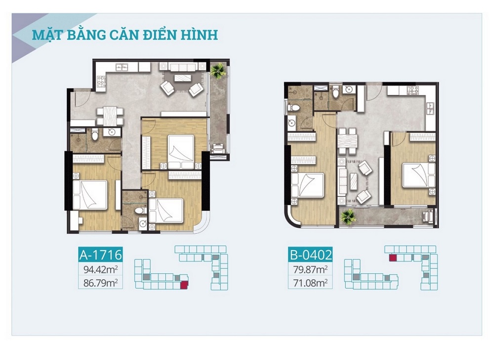 Thiết kế chi tiết căn hộ 2 phòng ngủ diện tích 79 m2 và 3 phòng ngủ diện tích 94 m2 chung cư C Sky view Bình Dương